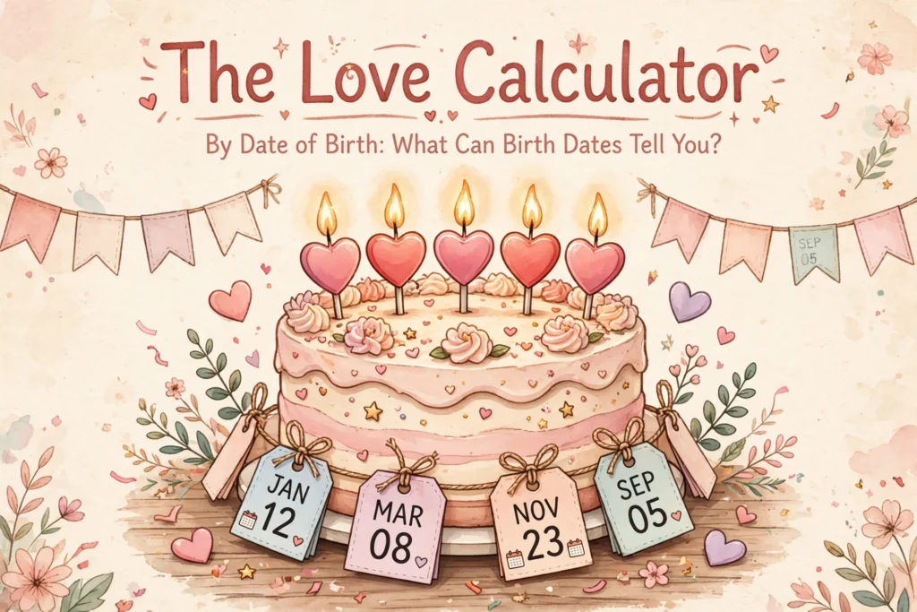 Love calculator by date of birth - birthday cake with heart-shaped candles and date tags - The Love Calculator