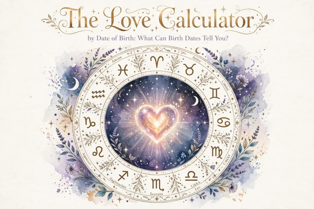 Love calculator by date of birth - zodiac astrology wheel with a glowing heart in the center - The Love Calculator
