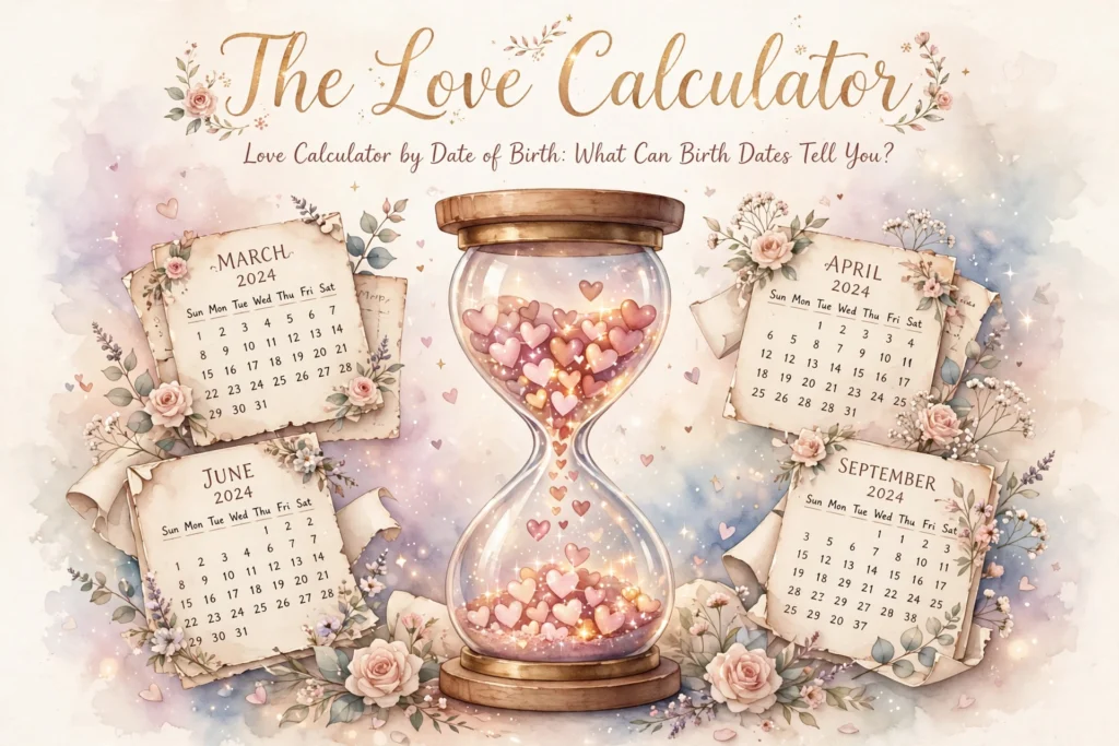 Love calculator by date of birth - hourglass with tiny glowing hearts flowing through it, with calendar pages around it - The Love Calculator