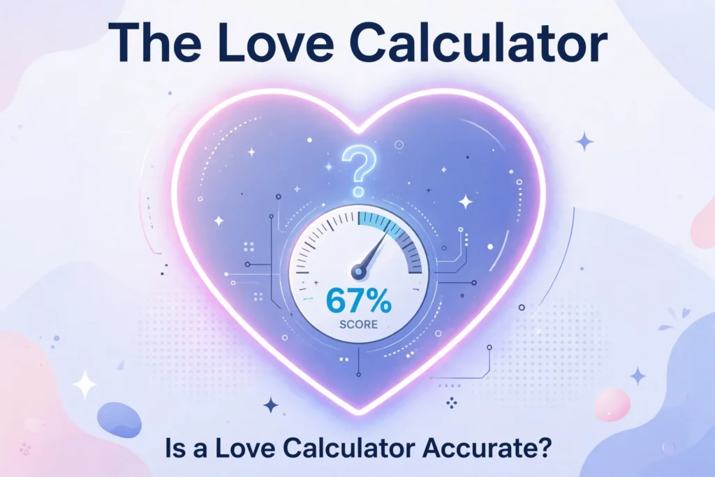 Is a love calculator accurate? Heart with a question mark and a 67% score gauge from The Love Calculator