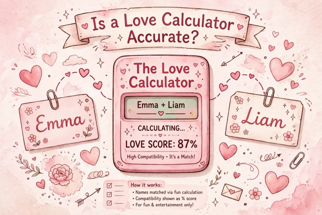 Is a love calculator accurate? Pink love calculator showing Emma and Liam with an 87% love score from The Love Calculator