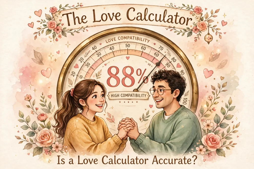 Is a love calculator accurate? Couple holding hands in front of an 88% love compatibility dial from The Love Calculator