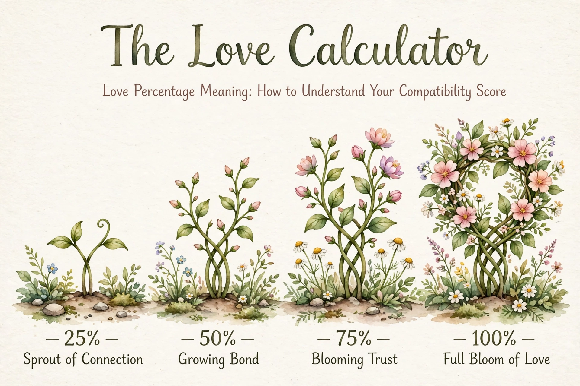Love percentage meaning: intertwined growing plants in a garden showing growth from 25% to 100% - The Love Calculator