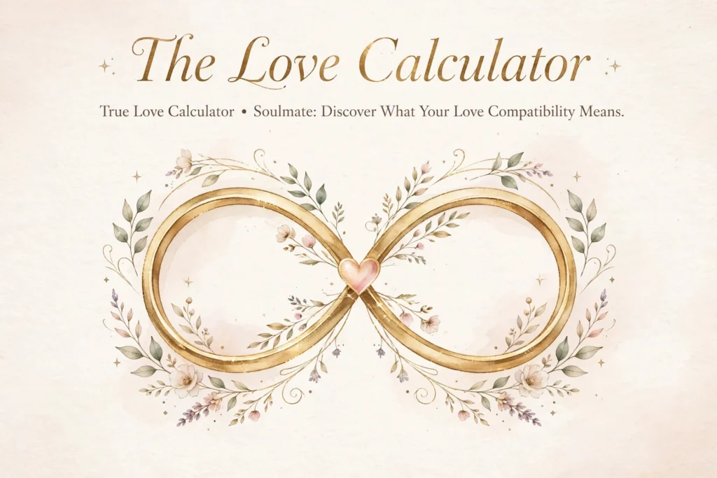 true love calculator soulmate - two overlapping golden rings forming an infinity symbol with a heart - The Love Calculator